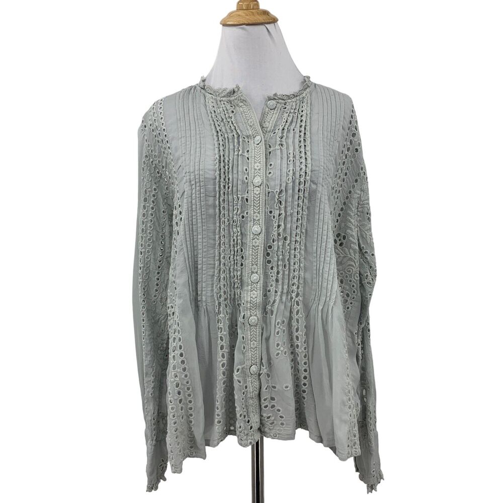Johnny Was Blouse Women L Large Grey Sveta Eyelet Embroidered Pintuck Rayon Top